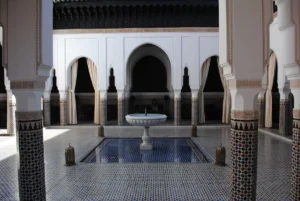 Courtyard with pool in La Mamounia Hotel (former historic palace)