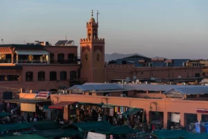 Jemaa El Fna square in the Medina district of Marrakech (the old city). It is the heart of Marrakesh, used by locals and tourists.