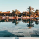 a swimming pool with a tiled floor next to palm trees